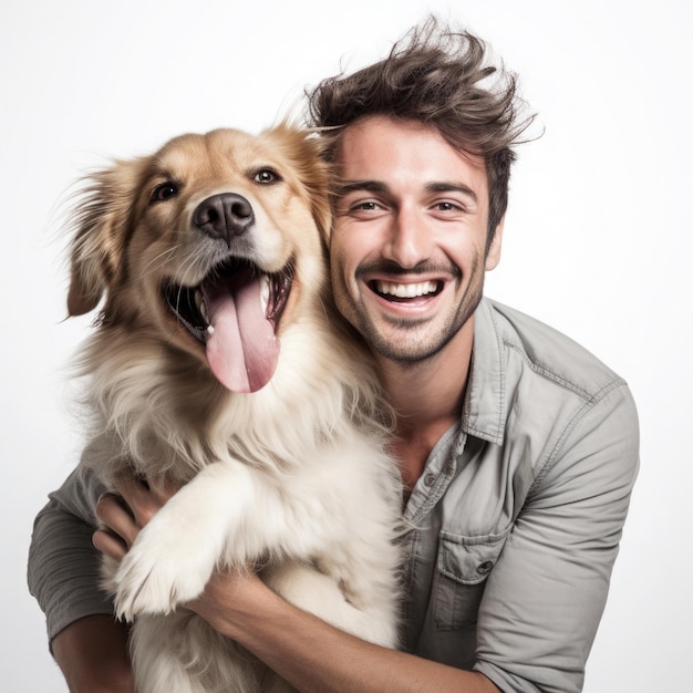 Homem feliz abraçando seu cachorro em fundo branco Cuidados com animais de estimação O dono masculino se diverte com emoções positivas do cachorro