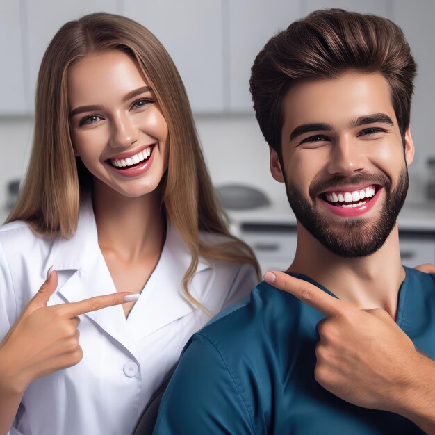 homem feliz apontando dedos para o branco sorriso perfeito reto dentes brancos