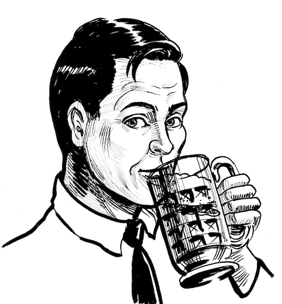 Homem feliz bebendo cerveja. Desenho de tinta preto e branco com estilo retrô