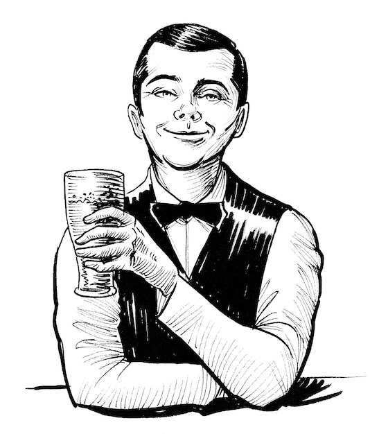 Homem feliz bebendo um copo de cerveja. Desenho de tinta preto e branco