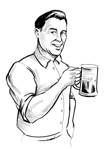 Homem feliz bebendo uma caneca de cerveja. Desenho de tinta preto e branco