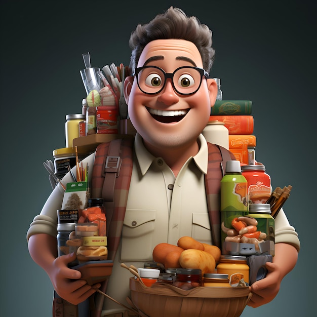 Homem feliz carregando uma cesta cheia de alimentos e produtos de mercearia ilustração 3d