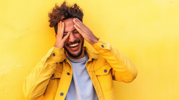 Foto homem feliz cobrindo os olhos com a mão em frente à parede amarela