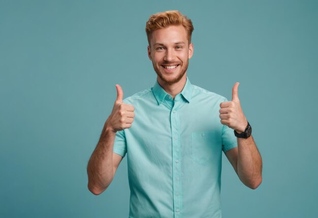 Foto homem feliz com cabelo roxo dando um dedão duplo para cima fundo borrado com um azul complementar