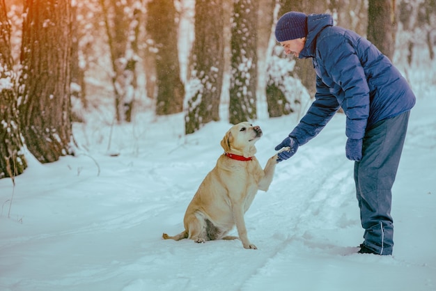 Homem feliz com cachorro andando em uma floresta de neve no inverno