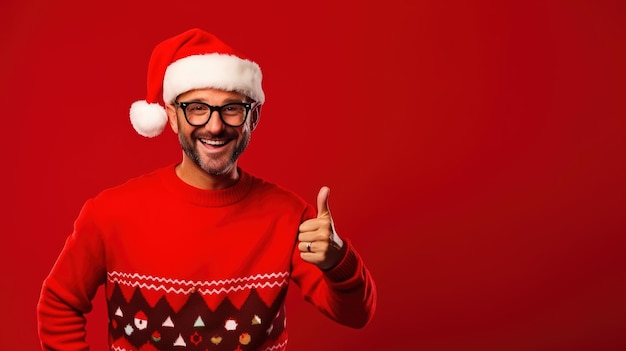 Homem feliz com óculos de festa e chapéu de Papai Noel, dia feio de suéter de Natal e fundo vermelho sorridente