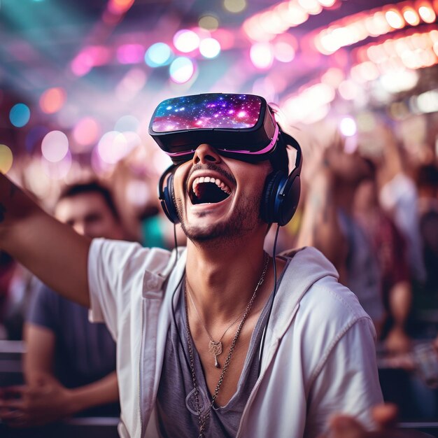 homem feliz com óculos de realidade virtual em um festival com muitas luzes