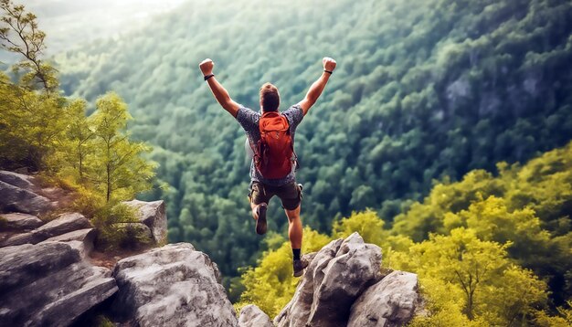 Homem feliz com os braços abertos a saltar no topo da montanha Caminhante com mochila a celebrar o sucesso