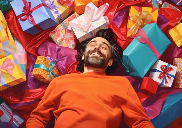 Homem feliz com presentes deitado fundo de cores vibrantes