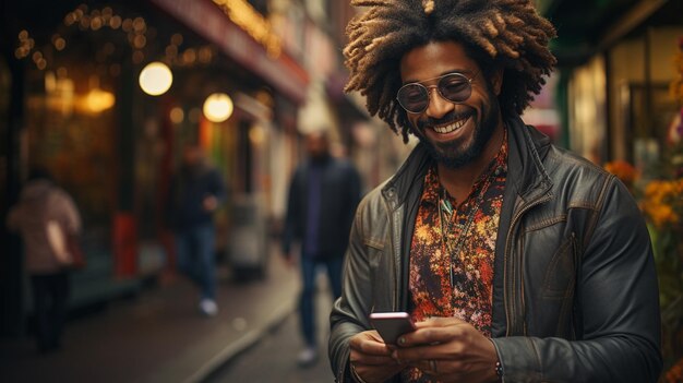 homem feliz com smartphone móvel