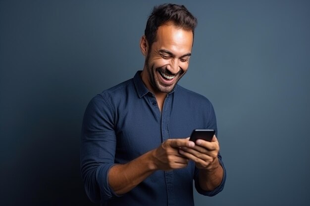 Foto homem feliz com telefone no fundo do estúdio da marinha