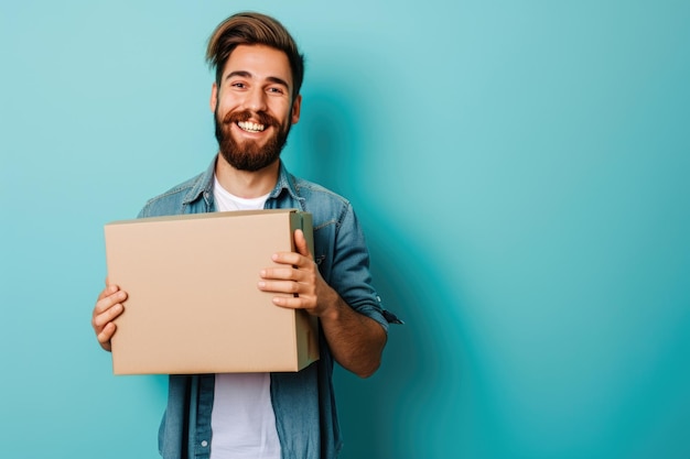 Homem feliz com uma caixa de ideias brilhantes sendo criativo e sorridente