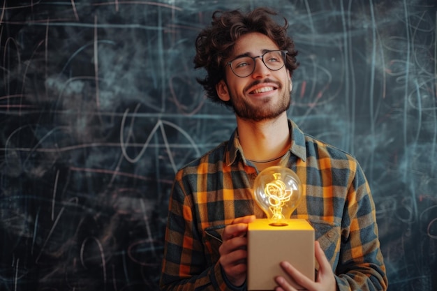 Foto homem feliz com uma caixa de ideias brilhantes sendo criativo e sorridente