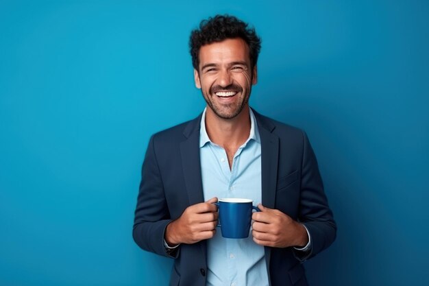 Foto homem feliz com uma xícara de café em fundo azul