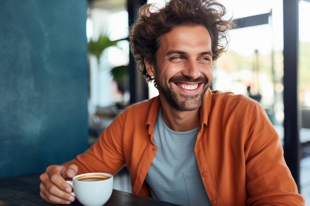 Homem feliz com uma xícara de café