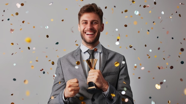 Homem feliz comemorando com um troféu em meio a confeti conceito de sucesso e realização com espaço de cópia