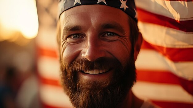 Homem feliz comemorando o Dia da Independência com a bandeira americana no 4 de julho desfile patriótico