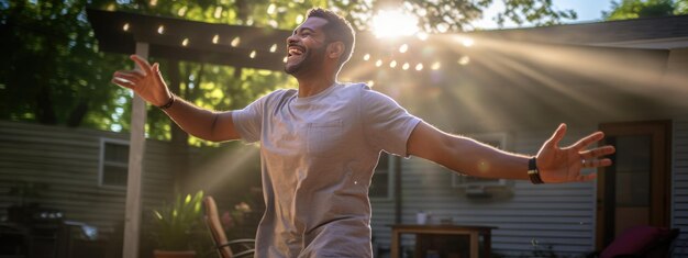 Foto homem feliz dançando em uma festa ao ar livre no pátio