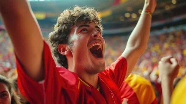 Homem feliz de camisa vermelha com gestos extáticos sorrindo e celebrando a AIG41