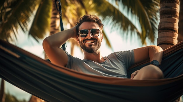 Foto homem feliz deitado em uma rede contra um pano de fundo de palmeiras e o mar durante umas férias