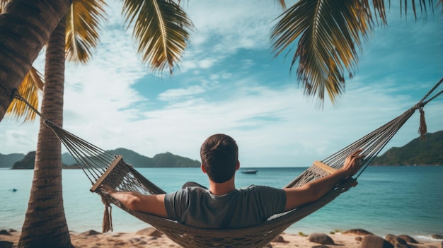 Foto homem feliz deitado em uma rede contra um pano de fundo de palmeiras e o mar durante umas férias