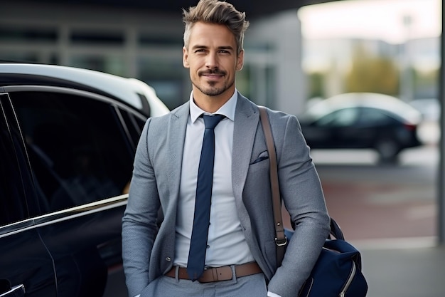 Homem feliz elegante atraente em bom carro