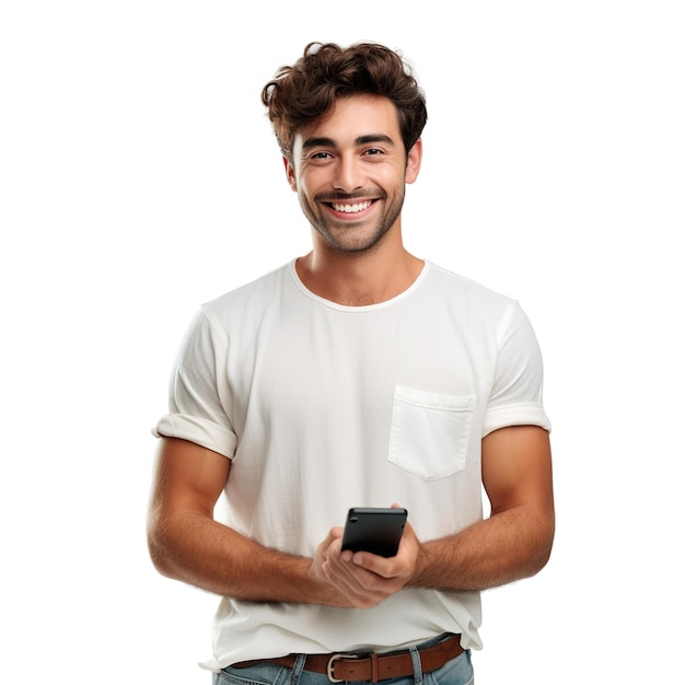 Homem feliz em roupa casual vendo móvel