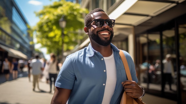 Homem feliz está andando pela rua com sacolas enquanto fazia compras.