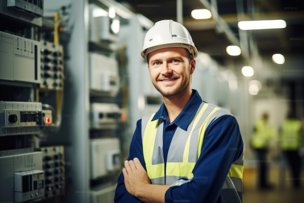 Homem feliz na sala de controlo na inspecção da subestação eléctrica