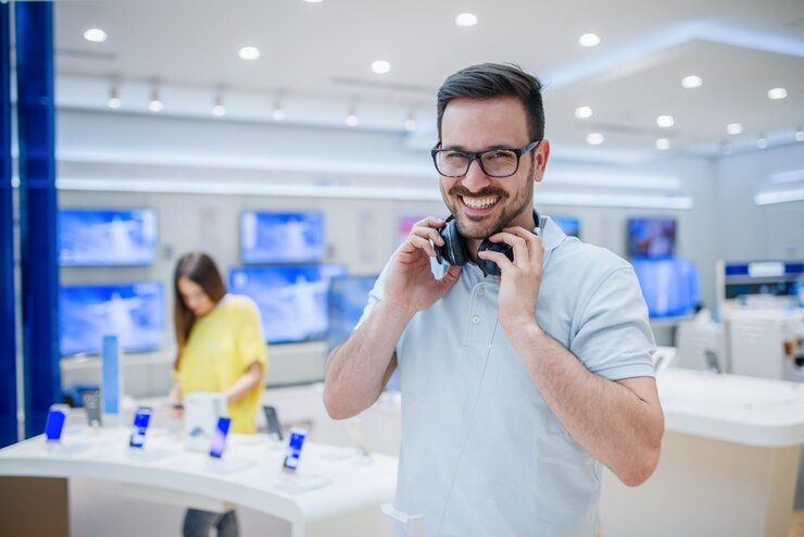Foto homem feliz posando com fones de ouvido na loja de tecnologia. conceito de compras de tecnologia.