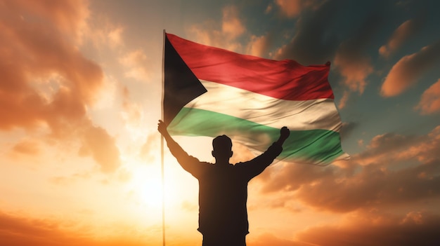 Homem feliz segurando a bandeira da Palestina no céu pôr do sol conceito de liberdade e patriotismo