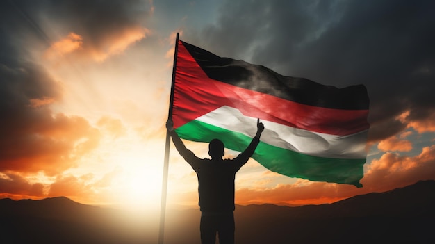 Homem feliz segurando a bandeira da Palestina no céu pôr do sol conceito de liberdade e patriotismo