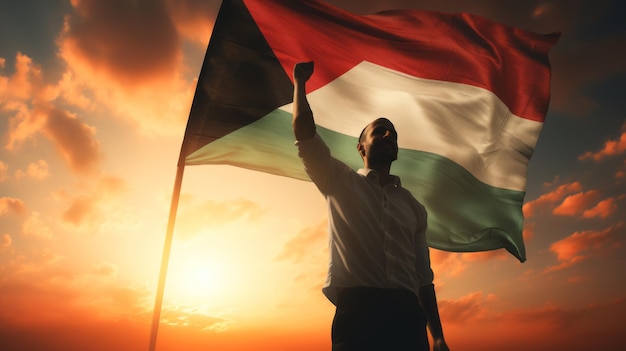 Homem feliz segurando a bandeira da Palestina no céu pôr do sol conceito de liberdade e patriotismo