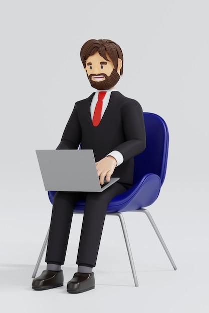 Homem feliz sentado na cadeira usando redes sociais online de laptop ou renderização 3D de negócios online