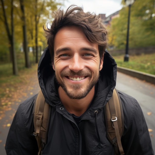 Homem feliz tirando uma selfie durante uma caminhada