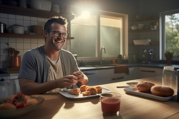 homem feliz tomando café da manhã na cozinha de casa