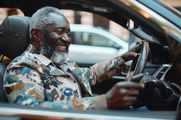 Homem feliz usando smartphone sentado no carro