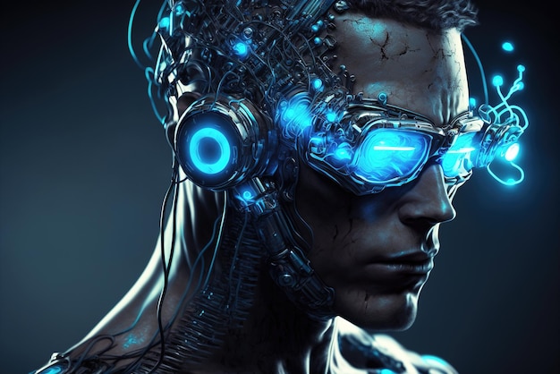Homem fictício do retrato ciborgue com visão tecnológica e IA generativa de inteligência artificial