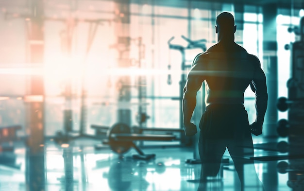 Foto homem fisiculturista em fundo azul de ginásio ginásio ou conceito de saúde espaço para texto