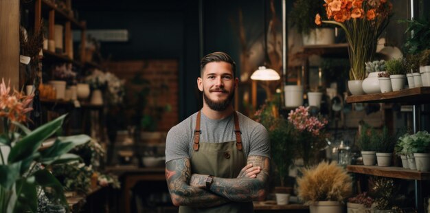Foto homem florista com tatuagem em pé em sua loja