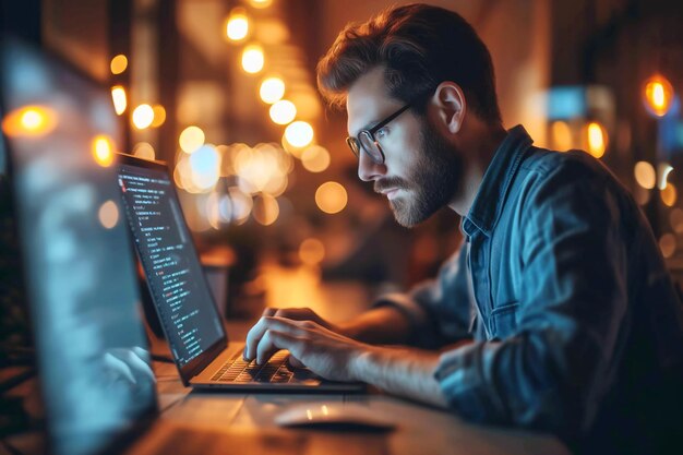 Homem focado a programar num portátil num espaço de coworking à noite