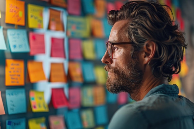 Foto homem focado contemplando notas do projeto vista lateral de um homem pensativo com óculos olhando para colorf