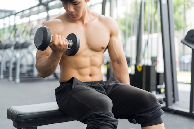 homem forte aptidão posando de corpo musculoso e fazendo exercícios para fisiculturista no ginásio