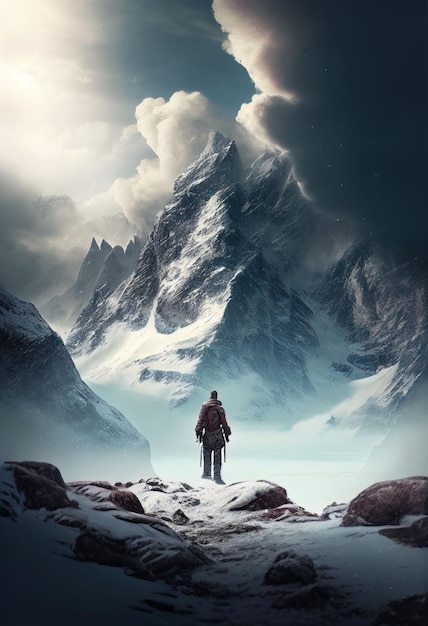 Homem forte caminhando até o pico da montanha de neve no inverno frio Criado com tecnologia Generative AI