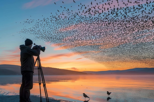 Homem fotografando um bando de pássaros