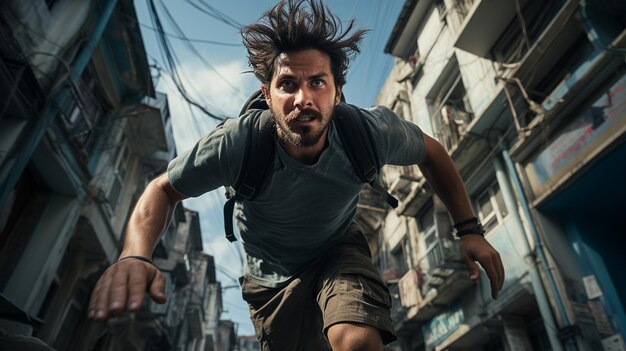 Foto homem freerunnig salta entre dois edifícios