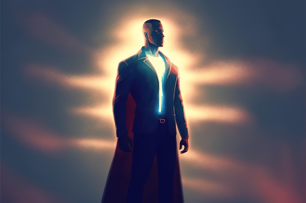 Homem futurista de pé e olhando para o céu com um estranho feixe de luz ilustração do estilo de arte digital pintura conceito de fantasia de um homem futurista olhando para o céu