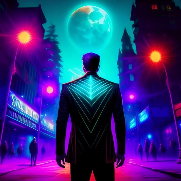 Homem futurista fica no meio da rua em uma cidade escura distópica neonlit