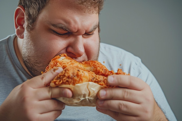 Foto homem gordo a comer frango frito.