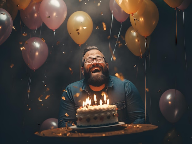 Foto homem gordo barbudo comemorando seu aniversário sozinho com falsa felicidade